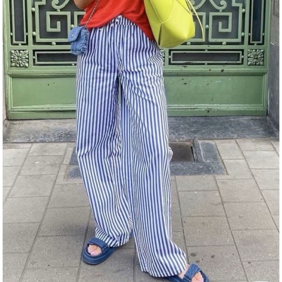 Marella Wide Cuffed Cotton Striped Pants Sz8 - Picture 1 of 8